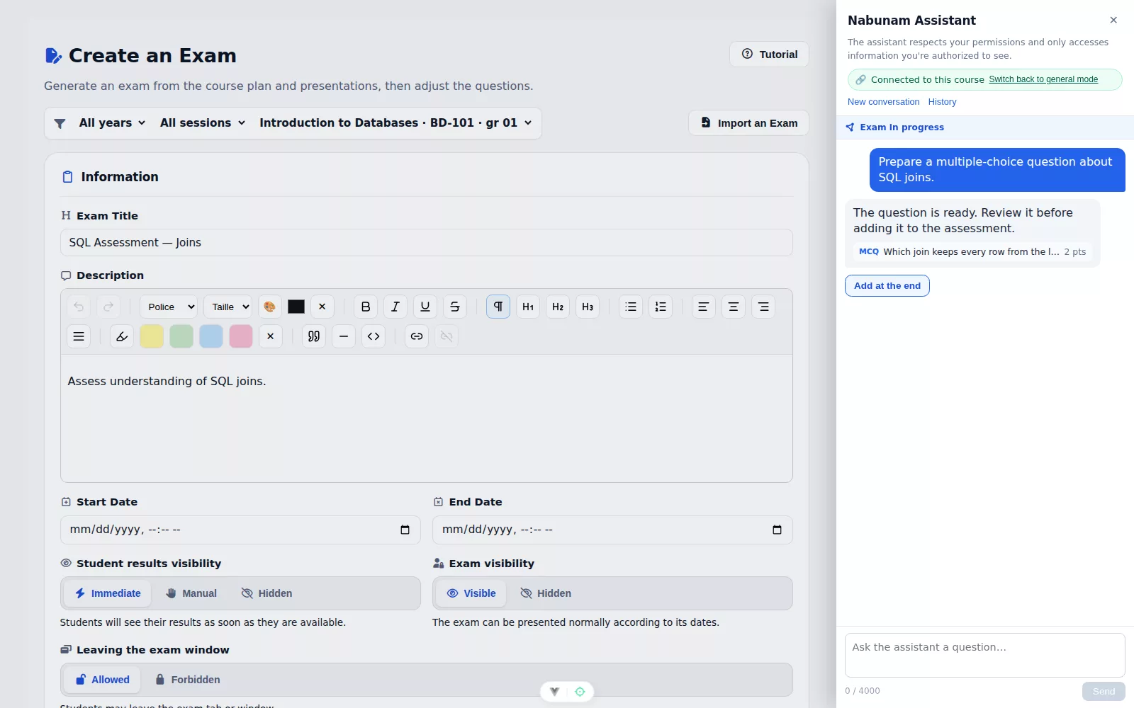 Nabunam Assistant open in an assessment form with course context and a structured question ready for review.