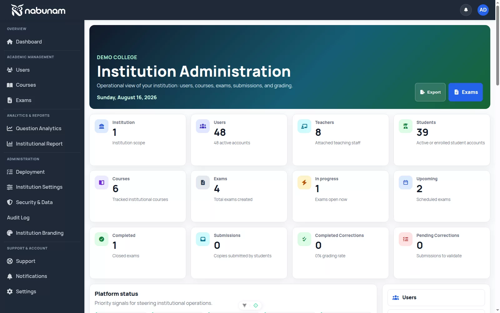 Nabunam console bringing together administration of users, courses, assessments, and institutional tools.