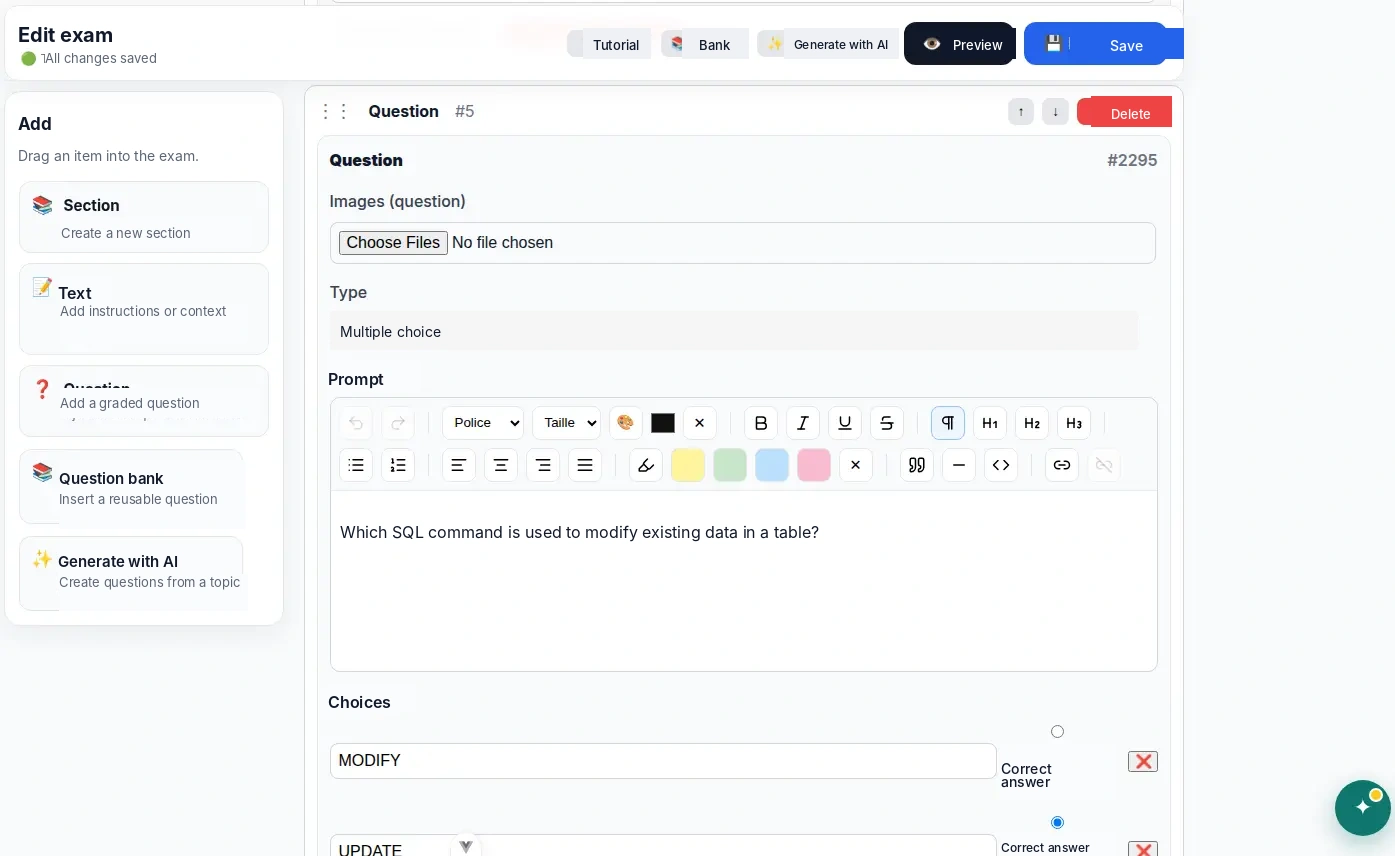 Nabunam editor: editing a multiple-choice question and its answers with demonstration data.