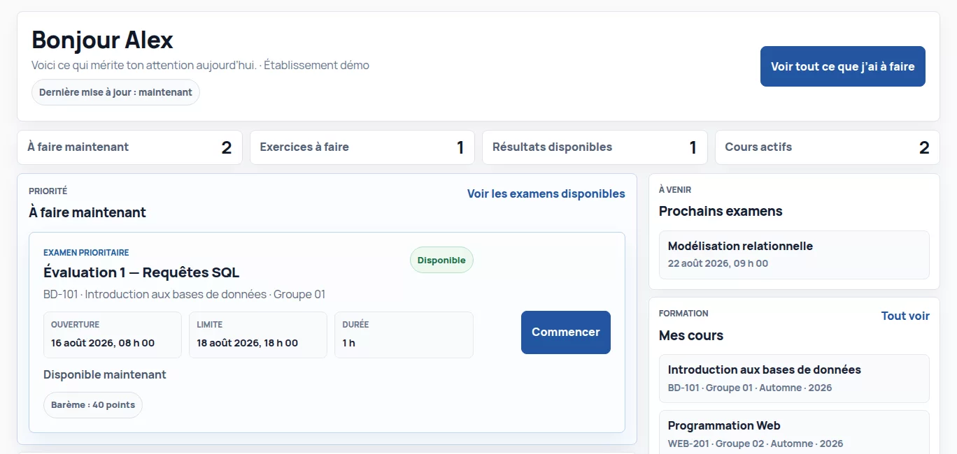 Tableau de bord étudiant Nabunam montrant les prochaines actions, une évaluation prioritaire, les cours actifs et les résultats disponibles.
