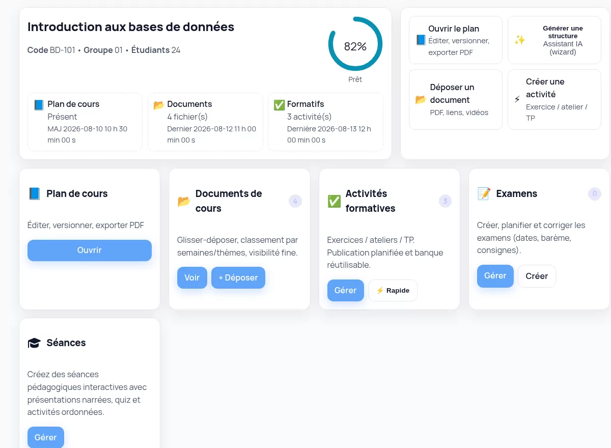 Espace d’un cours Nabunam regroupant le plan de cours, les documents, les activités, les évaluations et les principales actions de l’enseignant.